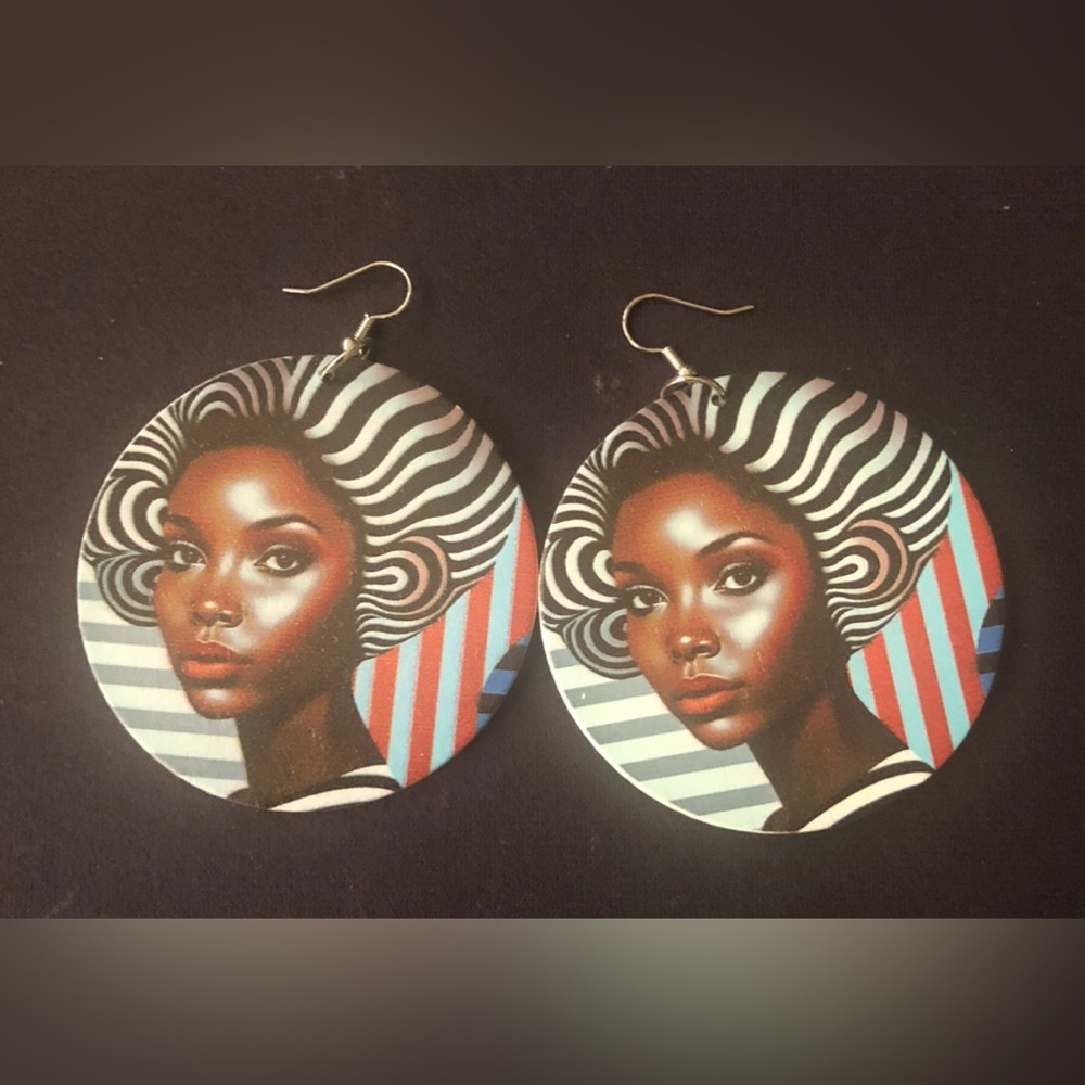 Artistic Afro Portrait Round Drop Earrings in Black and Red
